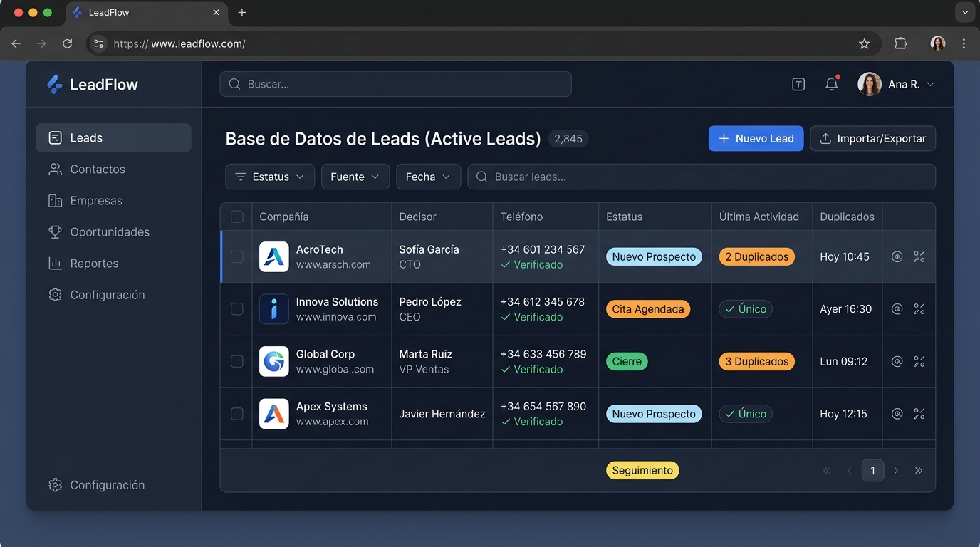 VisibleAhora CRM Base de Datos de Leads y Deduplicación